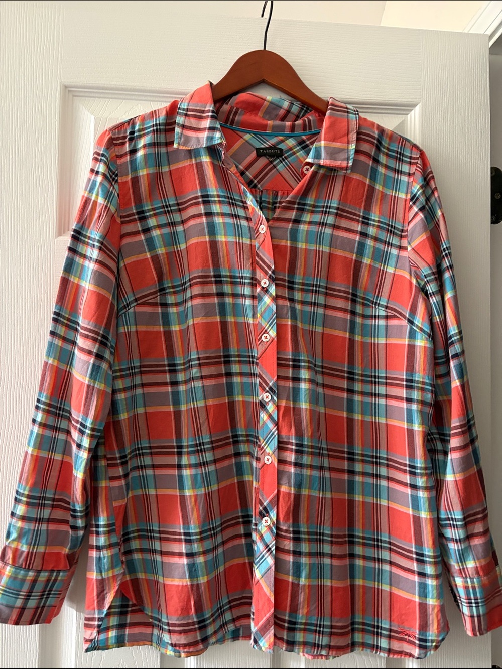 Talbots Coral and Blue Plaid Button-Down Shirt